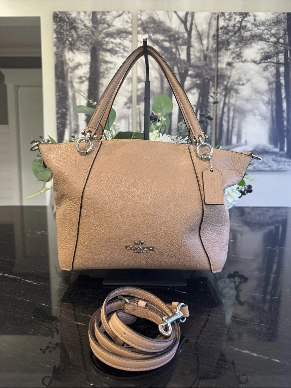Coach Kacey Satchel Taupe Pebbled Leather Crossbody Bag with Silver Hardware